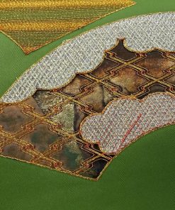 名古屋帯 優品 八寸名古屋帯 扇面 雲文 金銀糸 刺繍 よもぎ色 正絹 中古