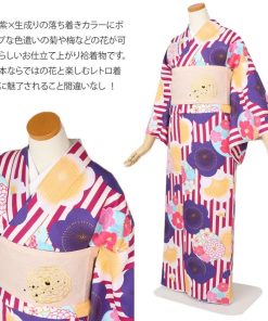Kisste 着物 小紋 袷 生成り 赤紫 ストライプ 梅菊 M L レディース 女性 洗える